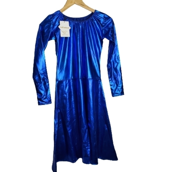 New Metallic Blue Bright Satin Stretch Fit Flare Dress Size Medium - Picture 1 of 10